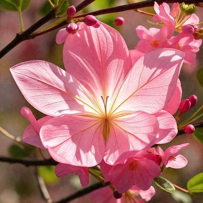 The primary subject of the image is a pink flower with a yellow center, which is the main focus of the image. The setting is a tree branch with the flower blooming on it. The visual style is a close-up of the flower, showcasing its details. The colors and mood of the image are predominantly pink and yellow, creating a warm and vibrant atmosphere.